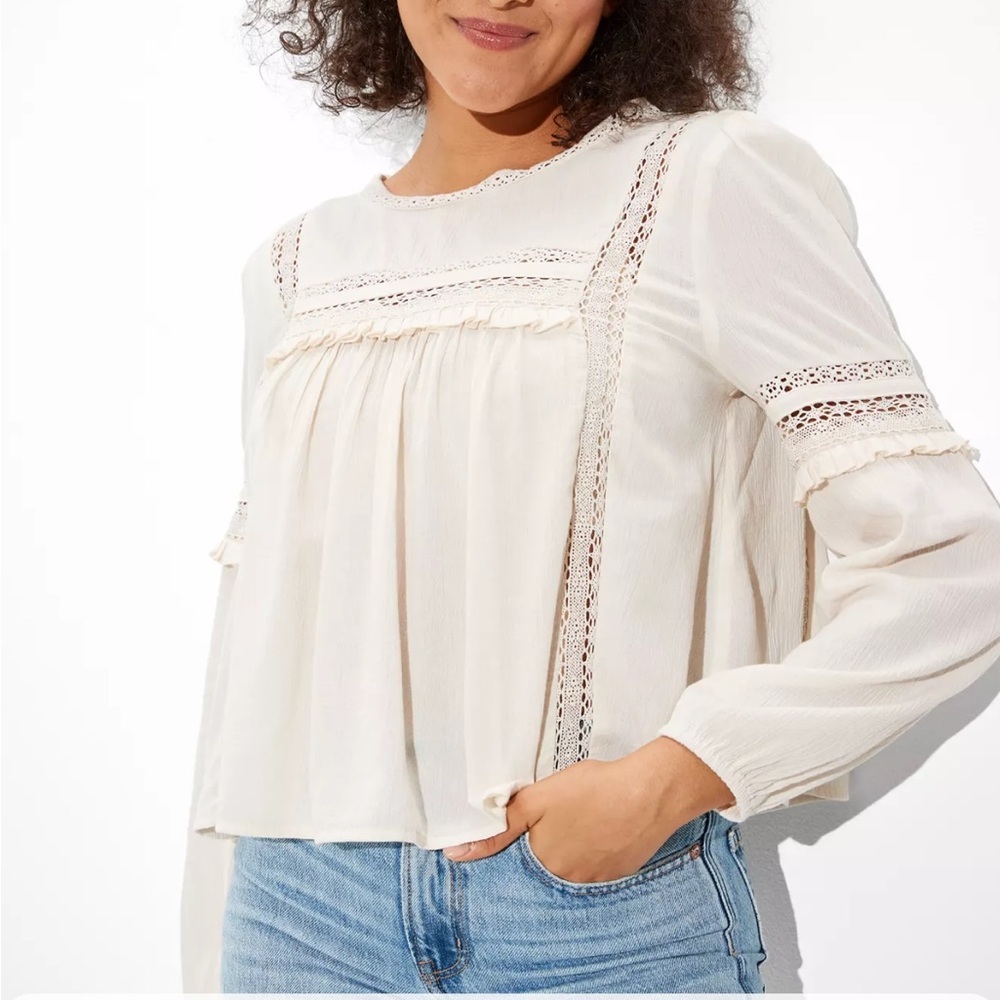 NEW White American Eagle Victorian Babydoll Blouse Open Back Crochet Ruffle L